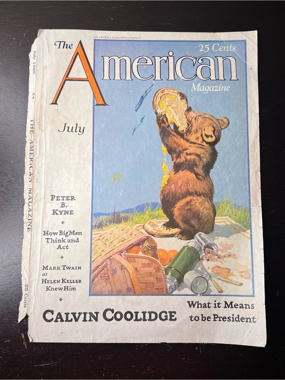 Antique 1929 The American Magazine, Lynn Bogue Hunt Bear Cover, Calvin Coolidge